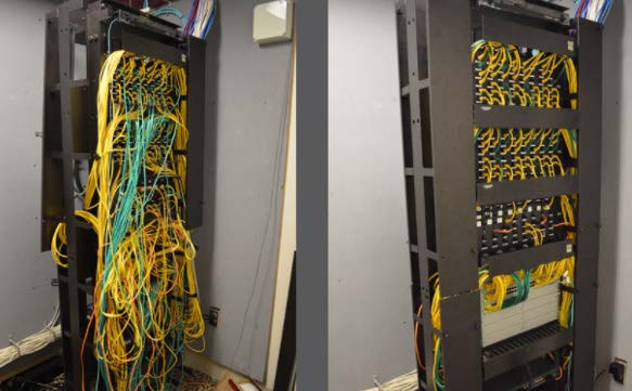 Managed LAN before – a mess of wires – and after – contained and organized.